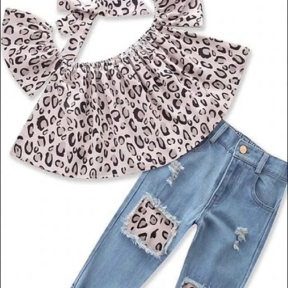 Children’s 3pc leopard print summer/spring set! 2t, 5t, & 6 jeans, top, headband